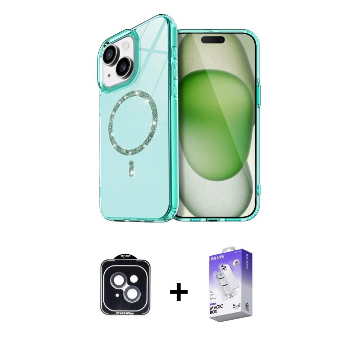 MARSİLYAN™- iPhone 14 Kılıf Kıvılcım Form Prime - Siyah Bilvis 5in1 3D Magic Cam Ekran Koruyucu + PVD Metal Kamera Lens - SH