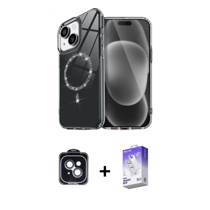 MARSİLYAN™- iPhone 14 Kılıf Kıvılcım Form Prime - Siyah Bilvis 5in1 3D Magic Cam Ekran Koruyucu + PVD Metal Kamera Lens - SH
