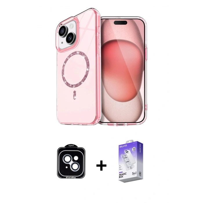 MARSİLYAN™- iPhone 14 Kılıf Kıvılcım Form Prime - Siyah Bilvis 5in1 3D Magic Cam Ekran Koruyucu + PVD Metal Kamera Lens - MI