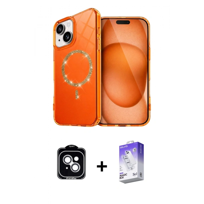 MARSİLYAN™- iPhone 14 Kılıf Kıvılcım Form Prime - Siyah Bilvis 5in1 3D Magic Cam Ekran Koruyucu + PVD Metal Kamera Lens - GS