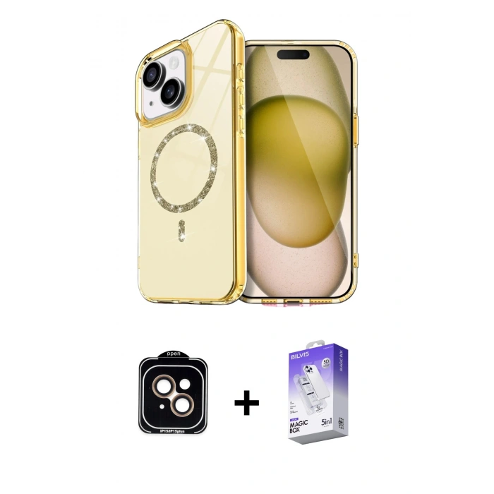 MARSİLYAN™- iPhone 14 Kılıf Kıvılcım Form Prime - Siyah Bilvis 5in1 3D Magic Cam Ekran Koruyucu + PVD Metal Kamera Lens - TU