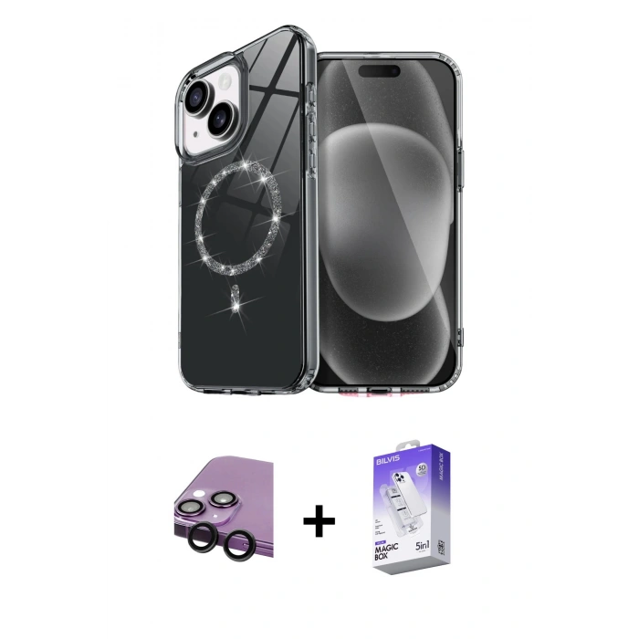 MARSİLYAN™- iPhone 14 Kılıf Kıvılcım Form Prime - Siyah Bilvis 5in1 3D Magic Cam Ekran Koruyucu + Raze Metal Kamera Lens - SH