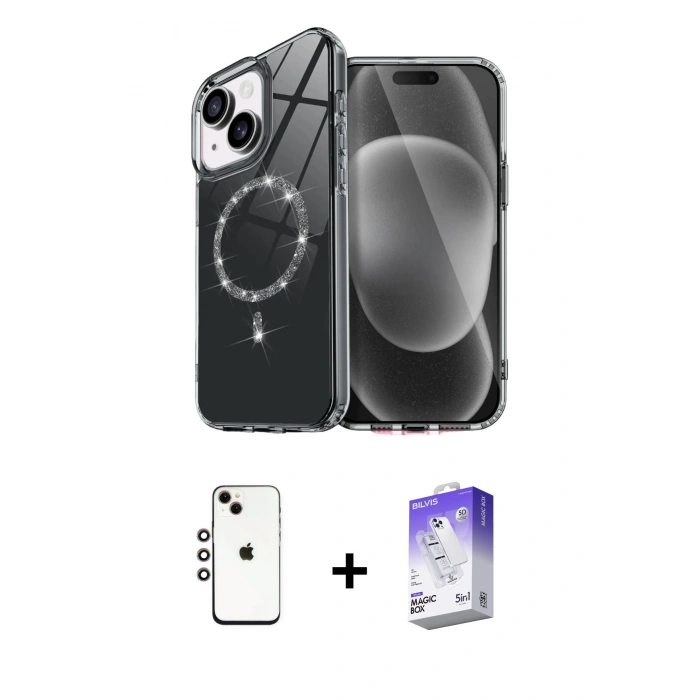 MARSİLYAN™- iPhone 14 Kılıf Kıvılcım Form Prime - Siyah Bilvis 5in1 3D Magic Cam Ekran Koruyucu + Shine Kamera Lens - GI