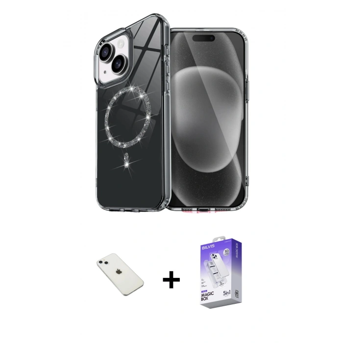 MARSİLYAN™- iPhone 14 Kılıf Kıvılcım Form Prime - Siyah Bilvis 5in1 3D Magic Cam Ekran Koruyucu + Sierra Blue Diamond Kamera Lens