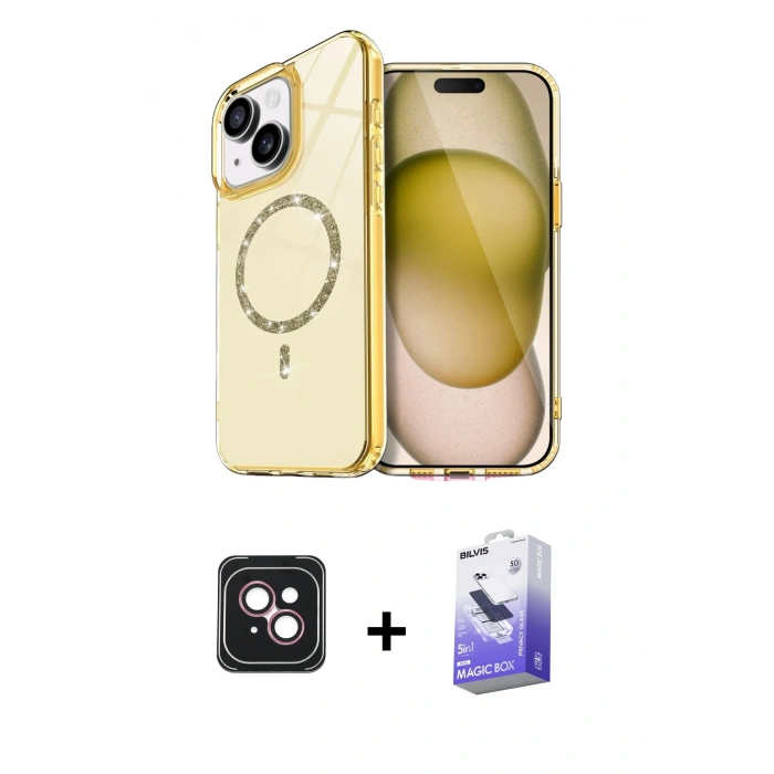 MARSİLYAN™- iPhone 14 Kılıf Kıvılcım Form Prime - Siyah Bilvis 5in1 5D Magic Hayalet Cam Ekran Koruyucu + PVD Metal Kamera Lens - PE