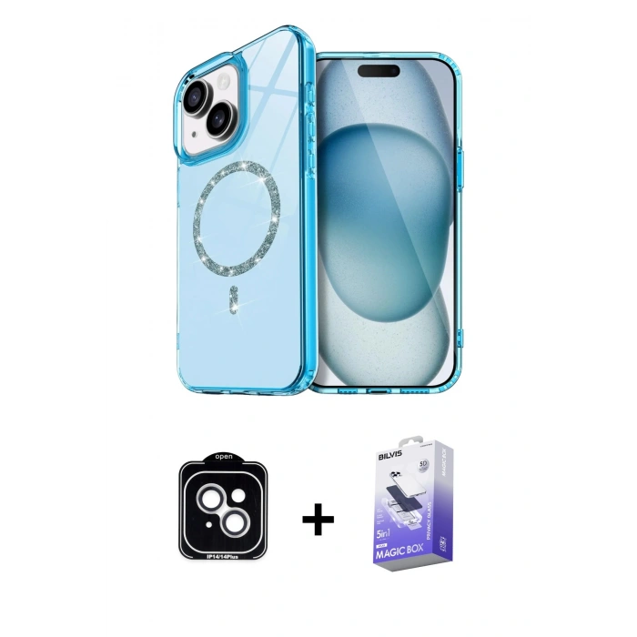 MARSİLYAN™- iPhone 14 Kılıf Kıvılcım Form Prime - Siyah Bilvis 5in1 5D Magic Hayalet Cam Ekran Koruyucu + PVD Metal Kamera Lens - GS