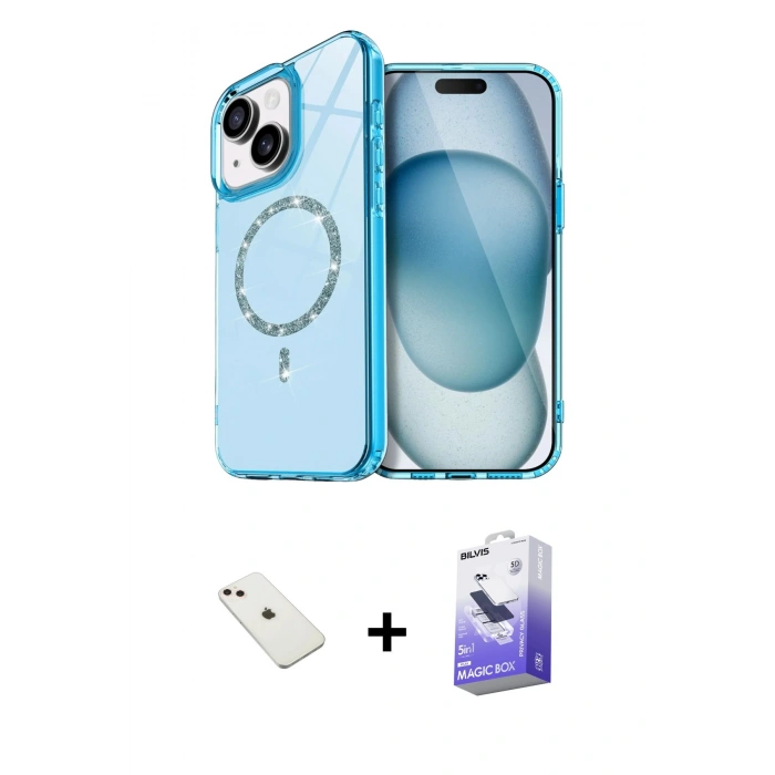 MARSİLYAN™- iPhone 14 Kılıf Kıvılcım Form Prime - Siyah Bilvis 5in1 5D Magic Hayalet Cam Ekran Koruyucu + Diamond Kamera Lens - PE