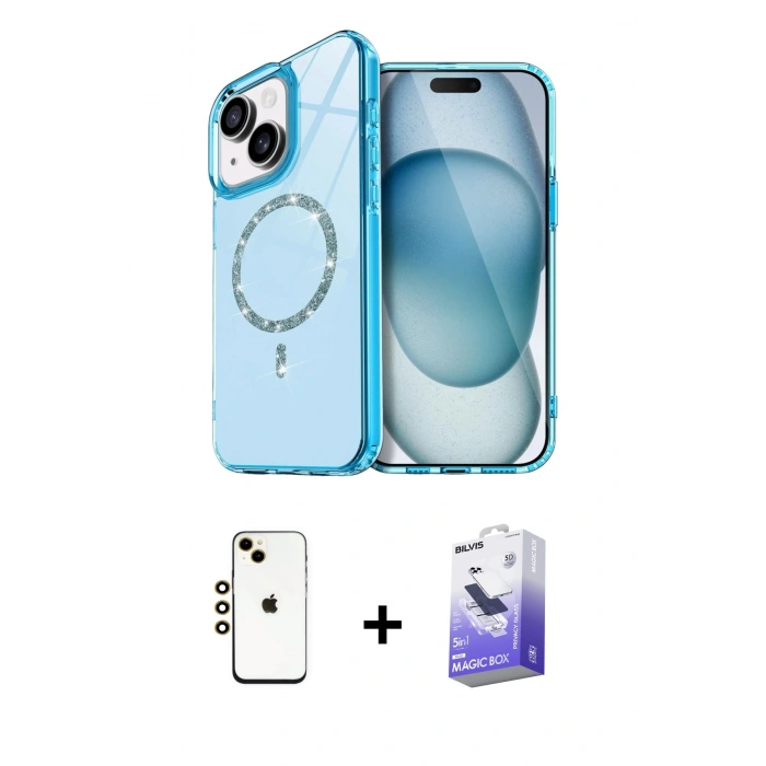 MARSİLYAN™- iPhone 14 Kılıf Kıvılcım Form Prime - Siyah Bilvis 5in1 5D Magic Hayalet Cam Ekran Koruyucu + Gold Shine Kamera Lens
