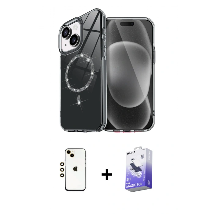 MARSİLYAN™- iPhone 14 Kılıf Kıvılcım Form Prime - Siyah Bilvis 5in1 5D Magic Hayalet Cam Ekran Koruyucu + Gold Shine Kamera Lens