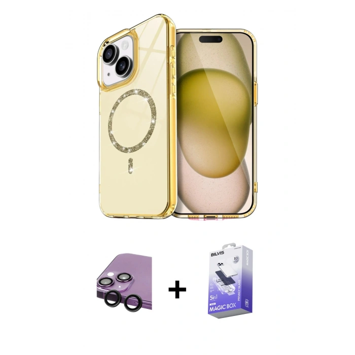 MARSİLYAN™- iPhone 14 Kılıf Kıvılcım Form Prime - Siyah Bilvis 5in1 5D Magic Hayalet Cam Ekran Koruyucu + Raze Metal Kamera Lens - SH