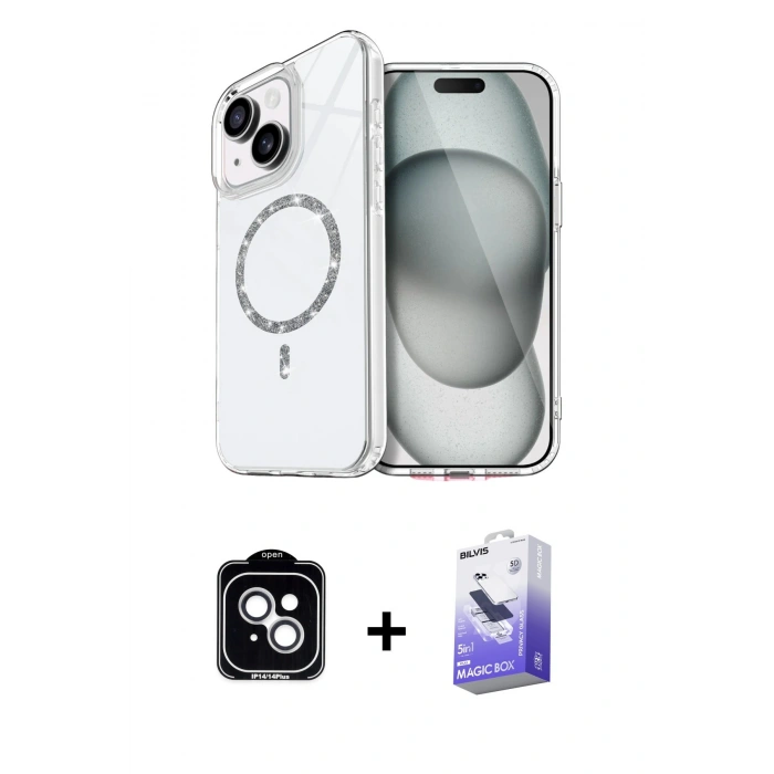 MARSİLYAN™- iPhone 14 Kılıf Kıvılcım Form Prime - Siyah Bilvis 5in1 5D Magic Hayalet Cam Ekran Koruyucu + PVD Metal Kamera Lens - GS