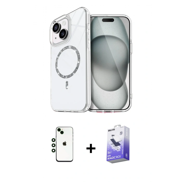 MARSİLYAN™- iPhone 14 Kılıf Kıvılcım Form Prime - Siyah Bilvis 5in1 5D Magic Hayalet Cam Ekran Koruyucu + Shine Kamera Lens - YL