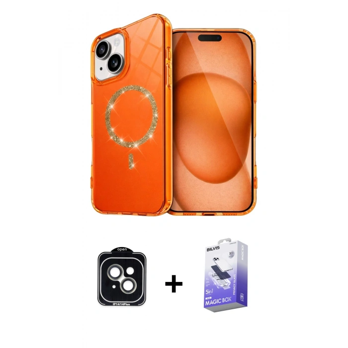 MARSİLYAN™- iPhone 14 Kılıf Kıvılcım Form Prime - Siyah Bilvis 5in1 5D Magic Hayalet Cam Ekran Koruyucu + PVD Metal Kamera Lens - YL