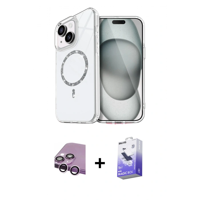 MARSİLYAN™- iPhone 14 Kılıf Kıvılcım Form Prime - Siyah Bilvis 5in1 5D Magic Hayalet Cam Ekran Koruyucu + Raze Metal Kamera Lens - MR