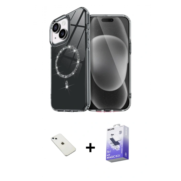 MARSİLYAN™- iPhone 14 Kılıf Kıvılcım Form Prime - Siyah Bilvis 5in1 5D Magic Hayalet Cam Ekran Koruyucu + Diamond Kamera Lens - SABE