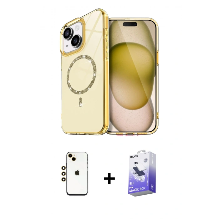 MARSİLYAN™- iPhone 14 Kılıf Kıvılcım Form Prime - Siyah Bilvis 5in1 5D Magic Hayalet Cam Ekran Koruyucu + Gold Shine Kamera Lens