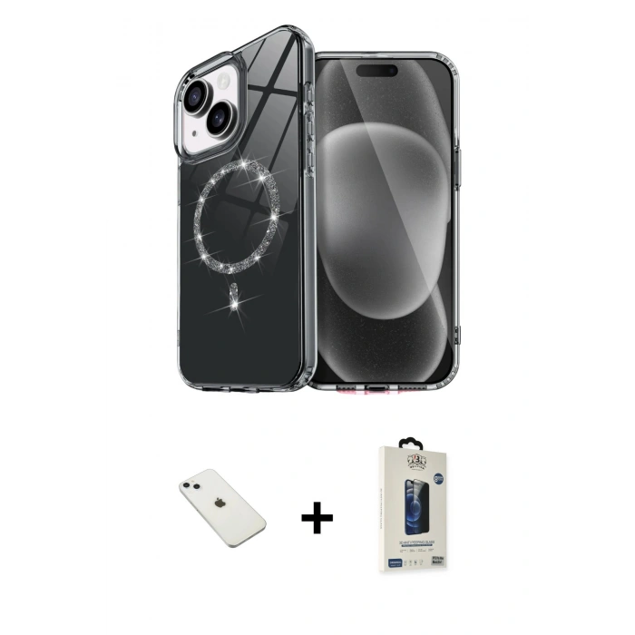MARSİLYAN™- iPhone 14 Kılıf Kıvılcım Form Prime - Siyah Bilvis Hayalet Cam Ekran Koruyucu + Diamond Kamera Lens - SABE