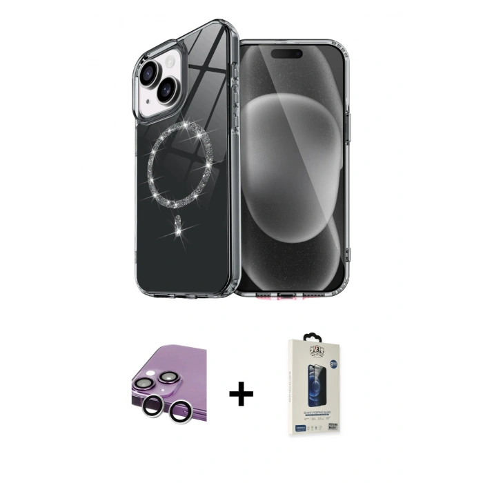 MARSİLYAN™- iPhone 14 Kılıf Kıvılcım Form Prime - Siyah Bilvis Hayalet Cam Ekran Koruyucu + Raze Metal Kamera Lens - GS