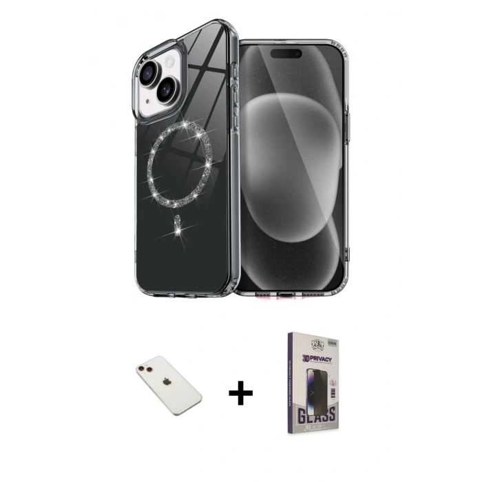 MARSİLYAN™- iPhone 14 Kılıf Kıvılcım Form Prime - Siyah Bilvis Hayalet Cam Ekran Koruyucu + Diamond Kamera Lens - KI