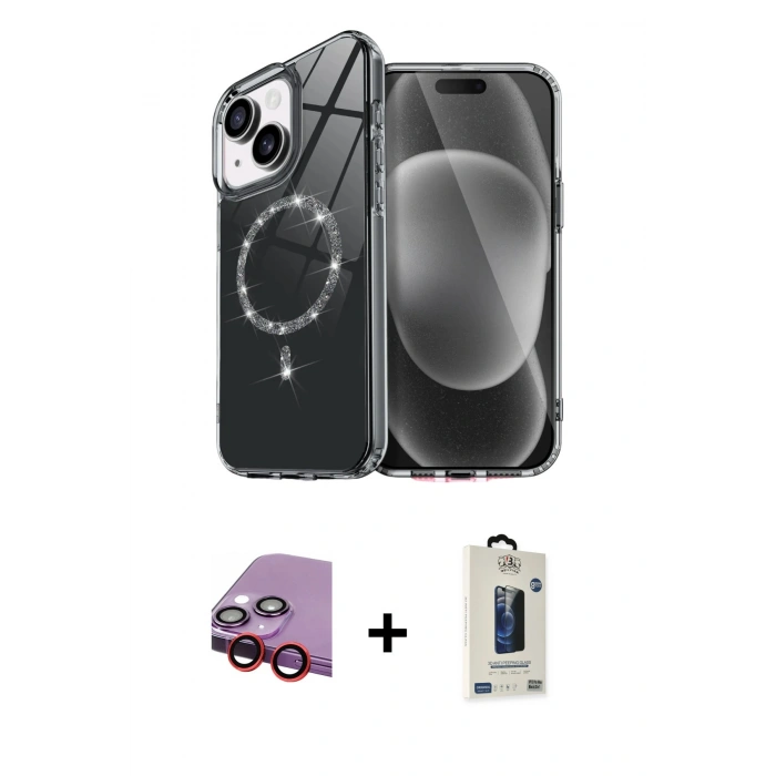 MARSİLYAN™- iPhone 14 Kılıf Kıvılcım Form Prime - Siyah Bilvis Hayalet Cam Ekran Koruyucu + Raze Metal Kamera Lens - KI