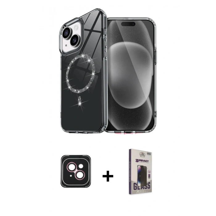 MARSİLYAN™- iPhone 14 Kılıf Kıvılcım Form Prime - Siyah Bilvis Hayalet Cam Ekran Koruyucu + PVD Metal Kamera Lens - PE