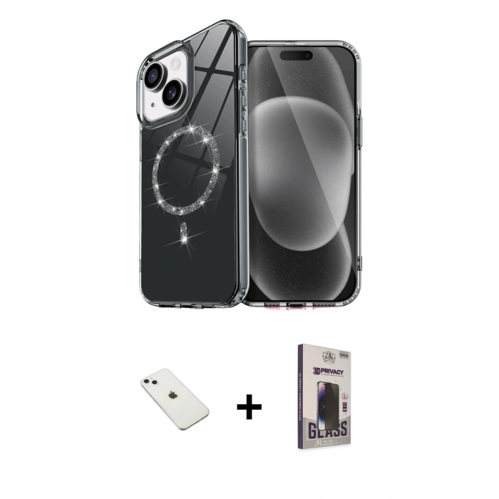 MARSİLYAN™- iPhone 14 Kılıf Kıvılcım Form Prime - Siyah Bilvis Hayalet Cam Ekran Koruyucu + Diamond Kamera Lens - SABE