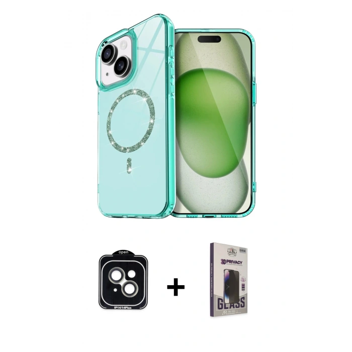 MARSİLYAN™- iPhone 14 Kılıf Kıvılcım Form Prime - Siyah Bilvis Hayalet Cam Ekran Koruyucu + Yeşil PVD Metal Kamera Lens