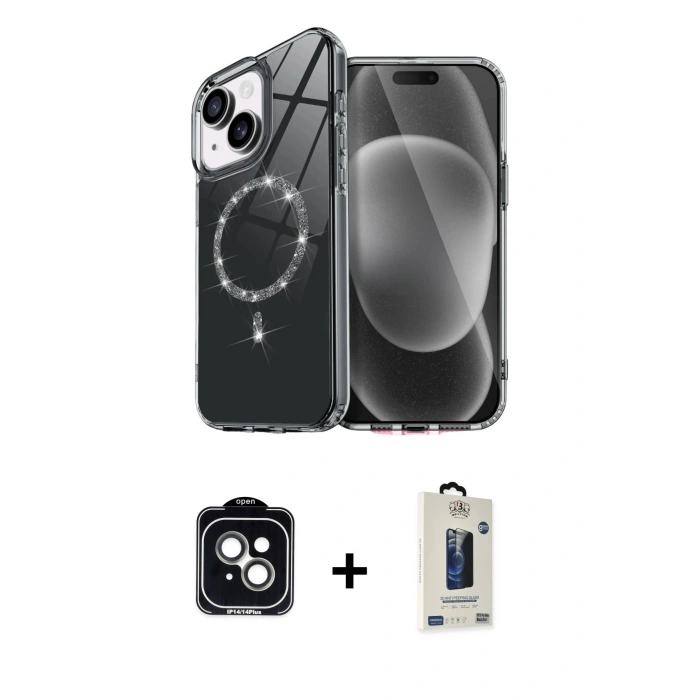 MARSİLYAN™- iPhone 14 Kılıf Kıvılcım Form Prime - Siyah Bilvis Hayalet Cam Ekran Koruyucu + PVD Metal Kamera Lens - YL