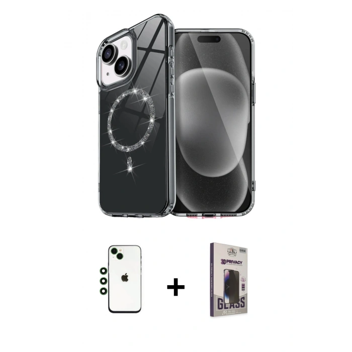 MARSİLYAN™- iPhone 14 Kılıf Kıvılcım Form Prime - Siyah Bilvis Hayalet Cam Ekran Koruyucu + Shine Kamera Lens - YL