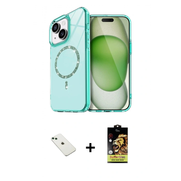 MARSİLYAN™- iPhone 14 Kılıf Kıvılcım Form Prime - Siyah Buffer Cam Ekran Koruyucu + Diamond Kamera Lens - YL
