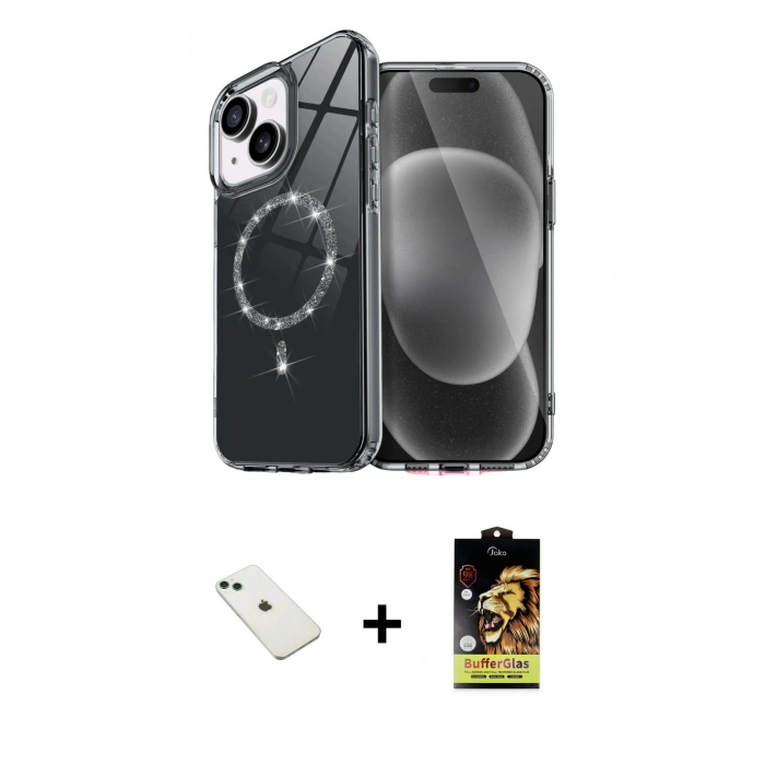 MARSİLYAN™- iPhone 14 Kılıf Kıvılcım Form Prime - Siyah Buffer Cam Ekran Koruyucu + Diamond Kamera Lens - YL