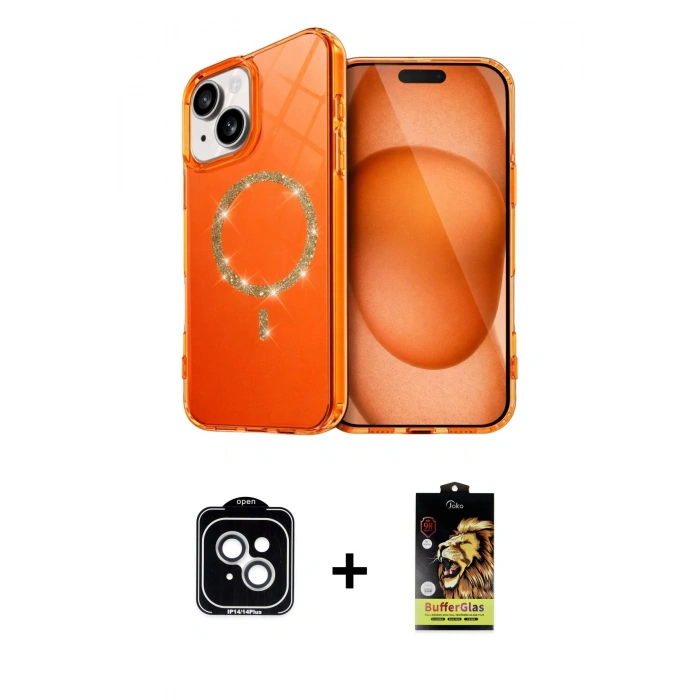 MARSİLYAN™- iPhone 14 Kılıf Kıvılcım Form Prime - Siyah Buffer Cam Ekran Koruyucu + Gümüş PVD Metal Kamera Lens