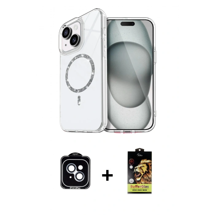 MARSİLYAN™- iPhone 14 Kılıf Kıvılcım Form Prime - Siyah Buffer Cam Ekran Koruyucu + PVD Metal Kamera Lens - MI