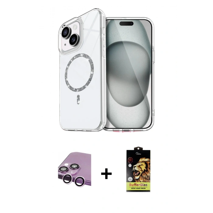 MARSİLYAN™- iPhone 14 Kılıf Kıvılcım Form Prime - Siyah Buffer Cam Ekran Koruyucu + Raze Metal Kamera Lens - MR