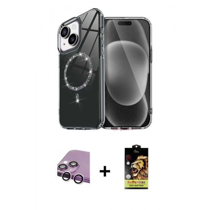 MARSİLYAN™- iPhone 14 Kılıf Kıvılcım Form Prime - Siyah Buffer Cam Ekran Koruyucu + Raze Metal Kamera Lens - MR