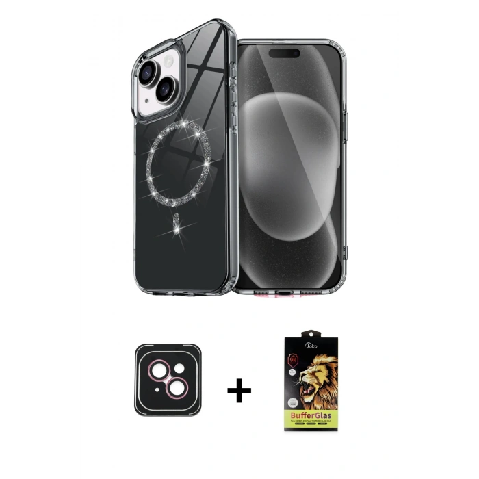 MARSİLYAN™- iPhone 14 Kılıf Kıvılcım Form Prime - Siyah Buffer Cam Ekran Koruyucu + PVD Metal Kamera Lens - PE