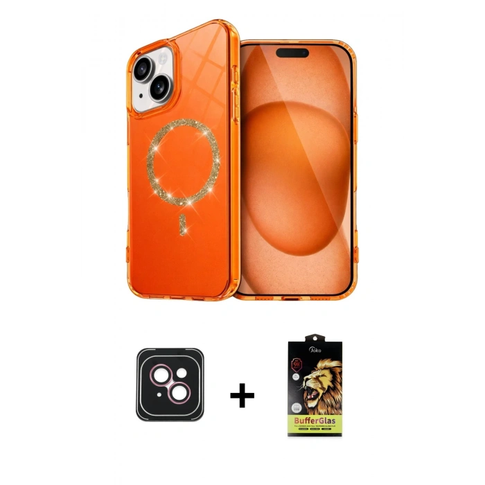 MARSİLYAN™- iPhone 14 Kılıf Kıvılcım Form Prime - Siyah Buffer Cam Ekran Koruyucu + PVD Metal Kamera Lens - PE