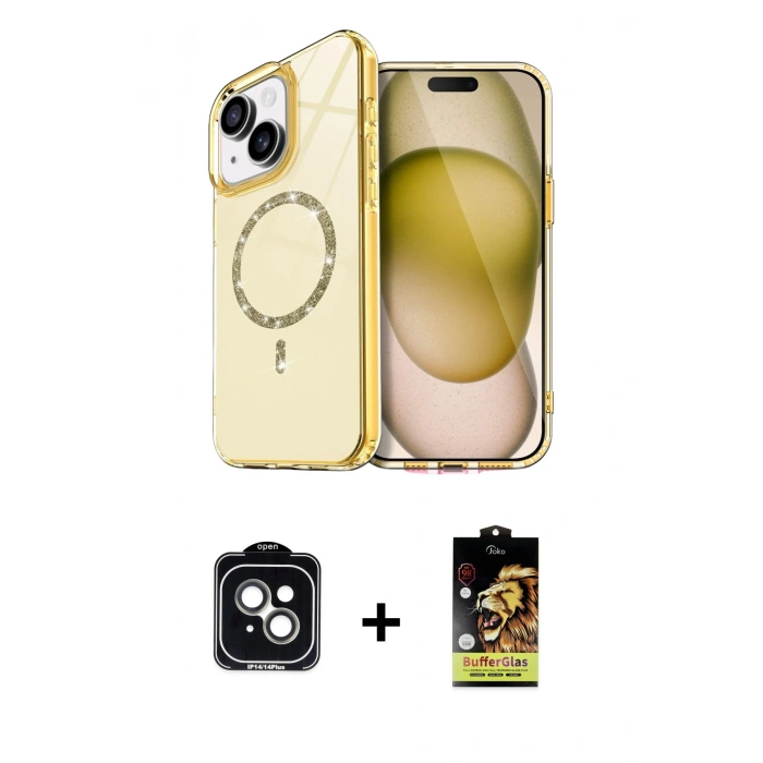 MARSİLYAN™- iPhone 14 Kılıf Kıvılcım Form Prime - Siyah Buffer Cam Ekran Koruyucu + PVD Metal Kamera Lens - YL