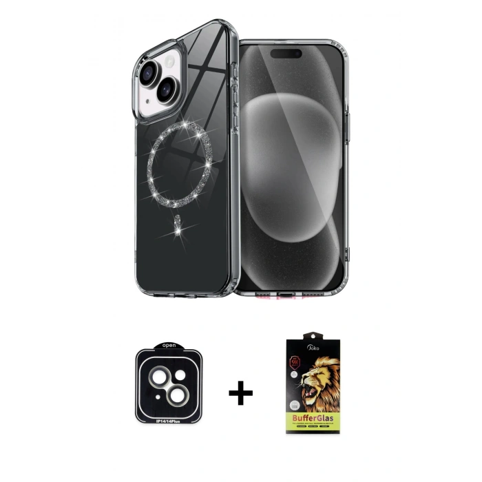 MARSİLYAN™- iPhone 14 Kılıf Kıvılcım Form Prime - Siyah Buffer Cam Ekran Koruyucu + PVD Metal Kamera Lens - YL