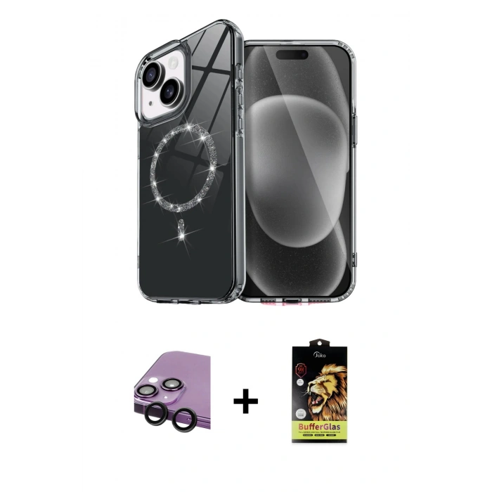 MARSİLYAN™- iPhone 14 Kılıf Kıvılcım Form Prime - Siyah Buffer Cam Ekran Koruyucu + Raze Metal Kamera Lens - SH
