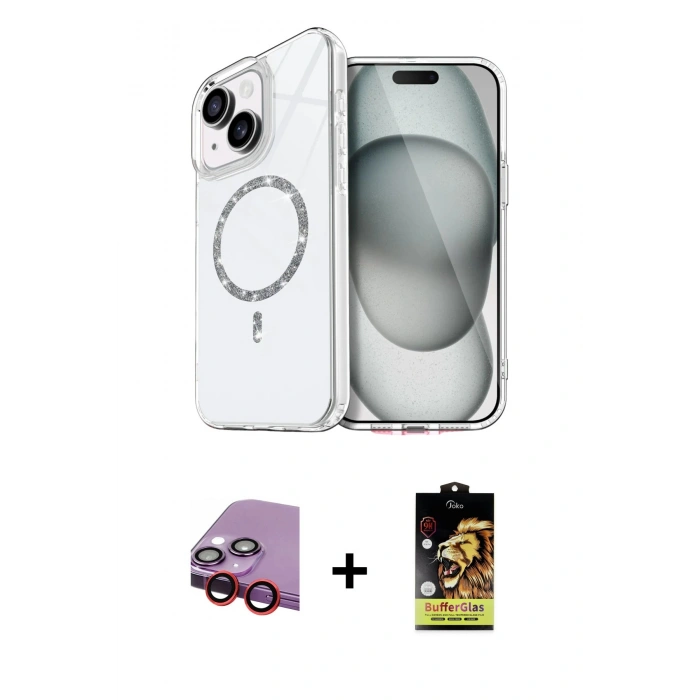 MARSİLYAN™- iPhone 14 Kılıf Kıvılcım Form Prime - Siyah Buffer Cam Ekran Koruyucu + Raze Metal Kamera Lens - KI