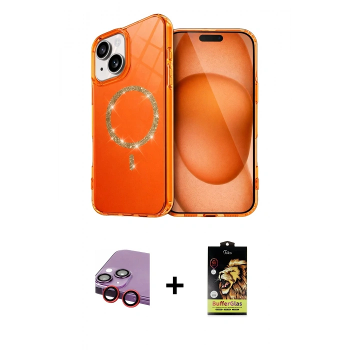 MARSİLYAN™- iPhone 14 Kılıf Kıvılcım Form Prime - Siyah Buffer Cam Ekran Koruyucu + Raze Metal Kamera Lens - KI