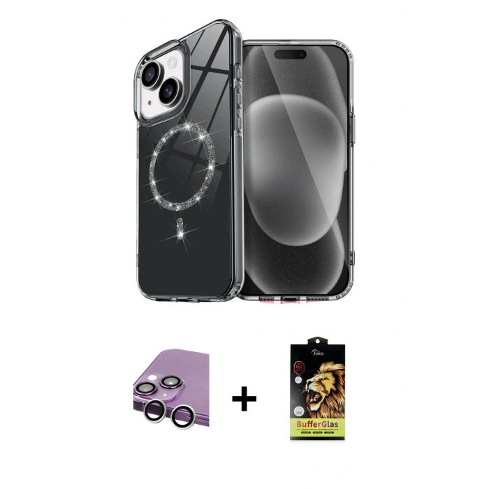 MARSİLYAN™- iPhone 14 Kılıf Kıvılcım Form Prime - Siyah Buffer Cam Ekran Koruyucu + Raze Metal Kamera Lens - GS
