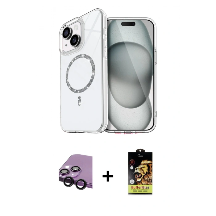 MARSİLYAN™- iPhone 14 Kılıf Kıvılcım Form Prime - Siyah Buffer Cam Ekran Koruyucu + Raze Metal Kamera Lens - SH
