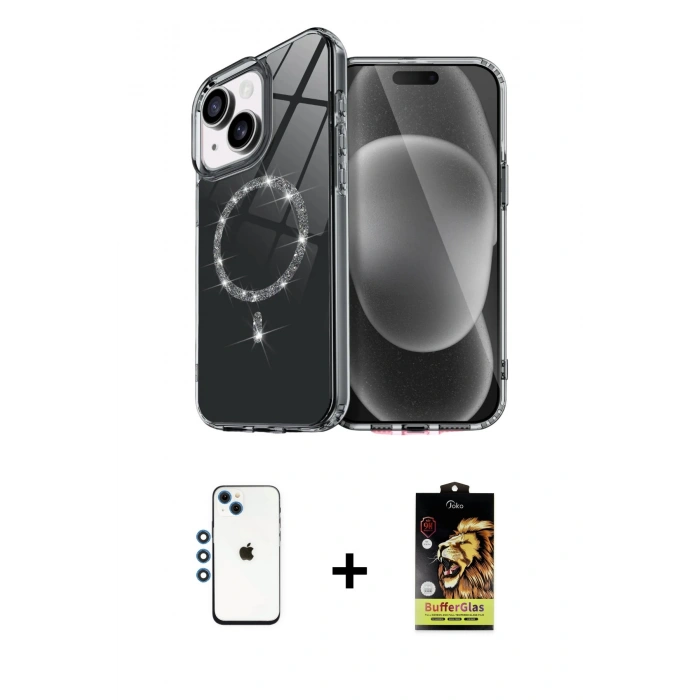 MARSİLYAN™- iPhone 14 Kılıf Kıvılcım Form Prime - Siyah Buffer Cam Ekran Koruyucu + Shine Kamera Lens - MI