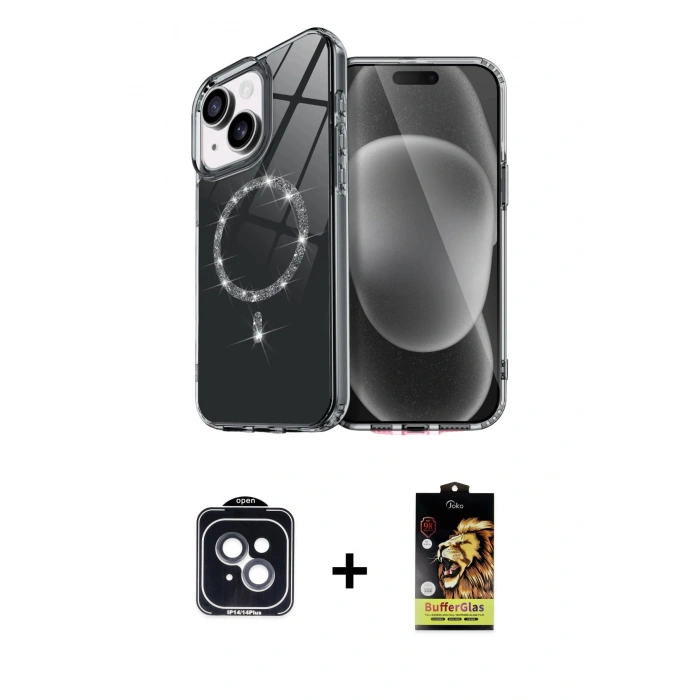 MARSİLYAN™- iPhone 14 Kılıf Kıvılcım Form Prime - Siyah Buffer Cam Ekran Koruyucu + Siyah PVD Metal Kamera Lens