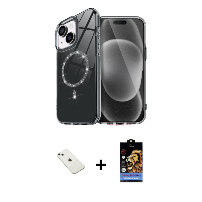 MARSİLYAN™- iPhone 14 Kılıf Kıvılcım Form Prime - Siyah Buffer Hayalet Cam Ekran Koruyucu + Diamond Kamera Lens - SABE