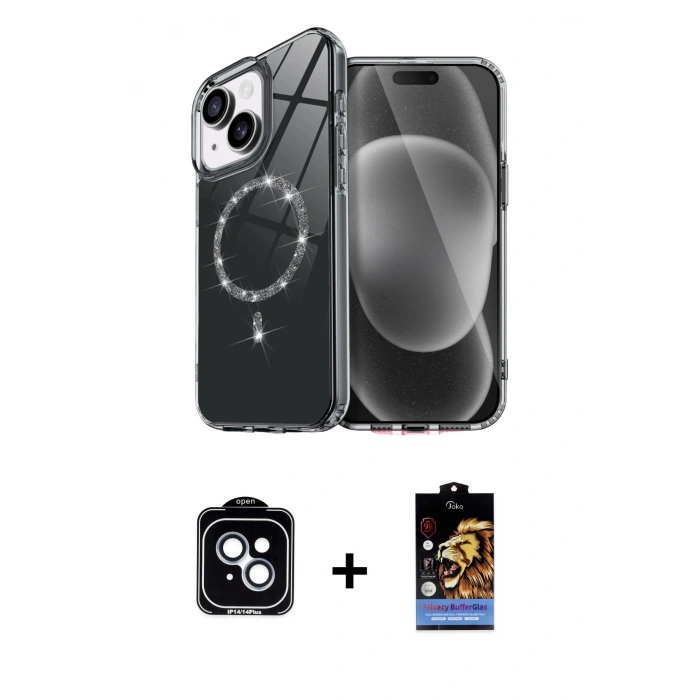 MARSİLYAN™- iPhone 14 Kılıf Kıvılcım Form Prime - Siyah Buffer Hayalet Cam Ekran Koruyucu + Mavi PVD Metal Kamera Lens