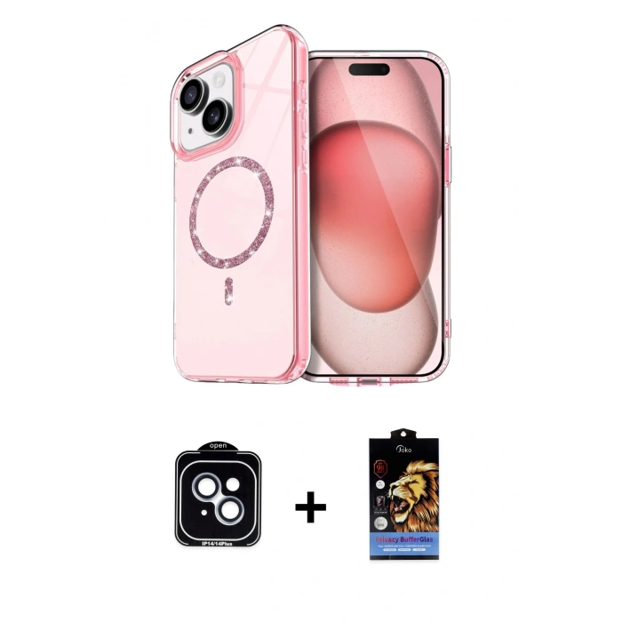 MARSİLYAN™- iPhone 14 Kılıf Kıvılcım Form Prime - Siyah Buffer Hayalet Cam Ekran Koruyucu + Mavi PVD Metal Kamera Lens