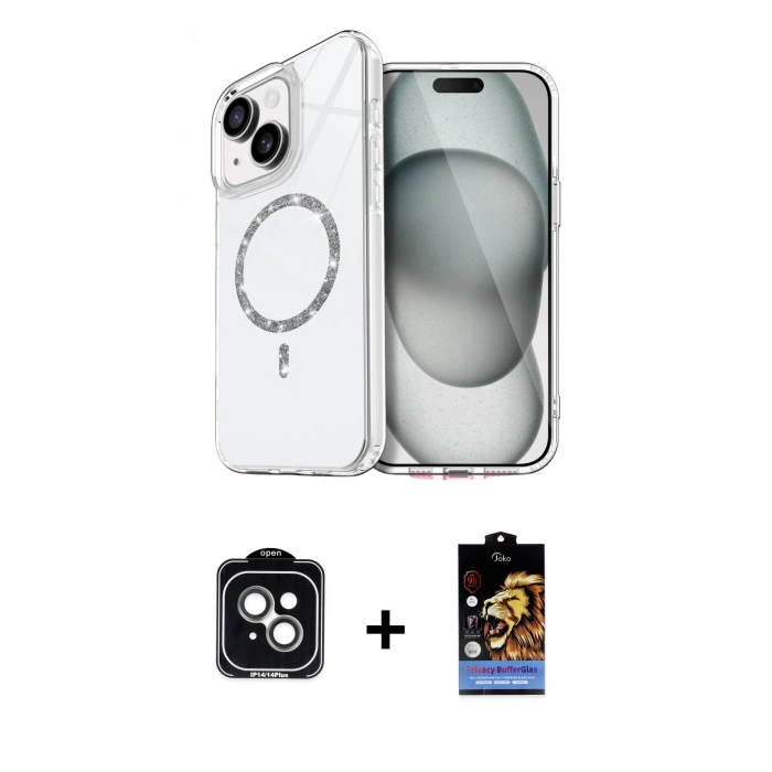 MARSİLYAN™- iPhone 14 Kılıf Kıvılcım Form Prime - Siyah Buffer Hayalet Cam Ekran Koruyucu + PVD Metal Kamera Lens - YL
